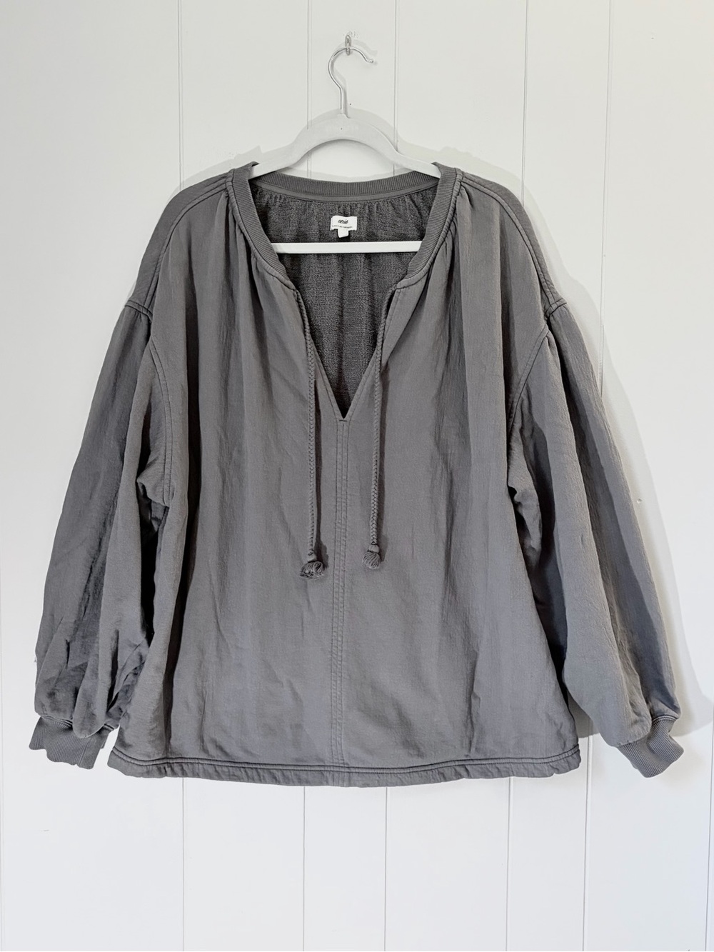 aerie Gray FrenchTerry Pullover Open Neck Balloon Sleeves Oversized Medium